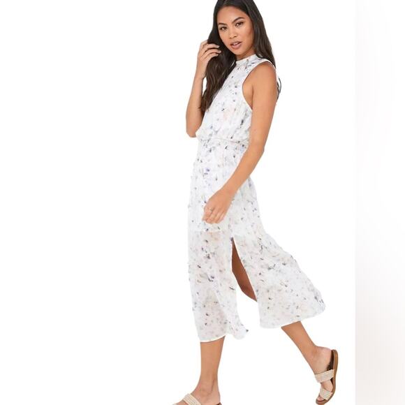 Bella Dahl Sleeveless Smocked Waist Dusty Floral Pastel Midi Dress Size Large - Picture 7 of 16